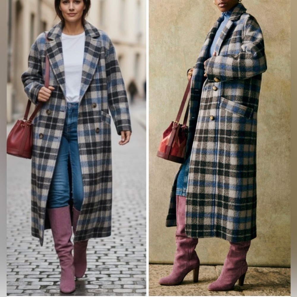 Sézane Viktor Long Wool Coat in Prairie Check NWT
